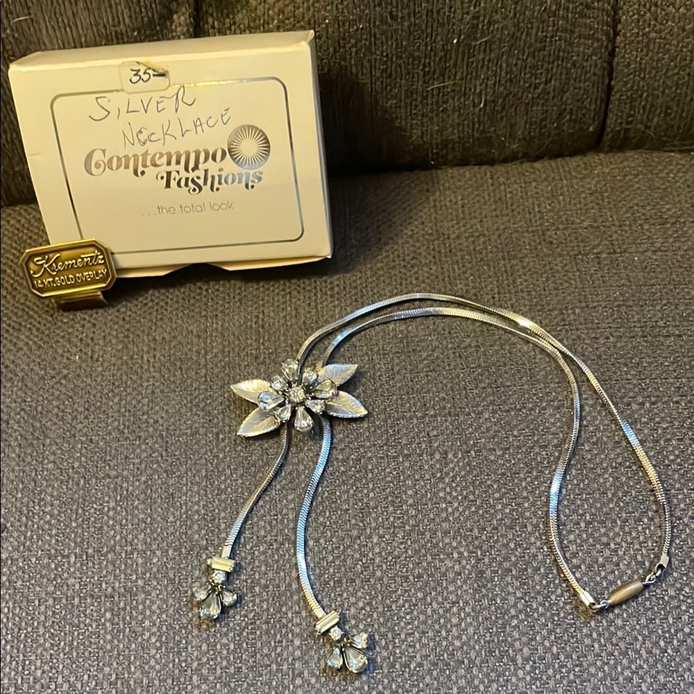Vintage Krementz Silver tone slider Necklace with jewels